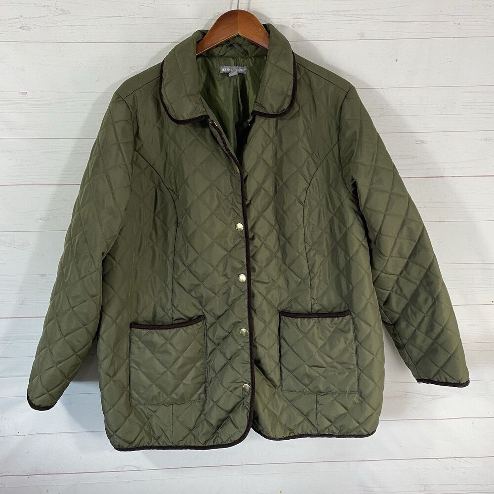 Jessica London Womens Snap Front Quilted Jacket Plus Size 22W Green Pockets